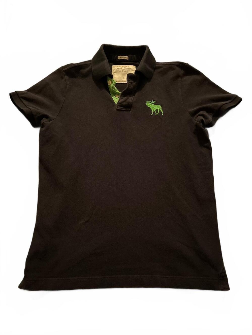 Abercrombie & Fitch Men's Polo Shirt Black with Green Moose Logo Size L Casual,